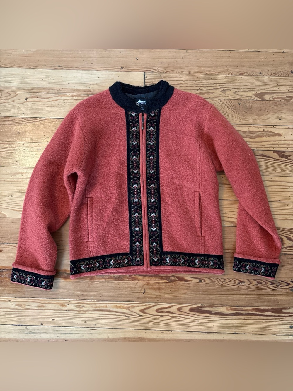 Icelandic Design Small S Boiled Wool Embroidered Full Zip Sweater Jacket Pockets